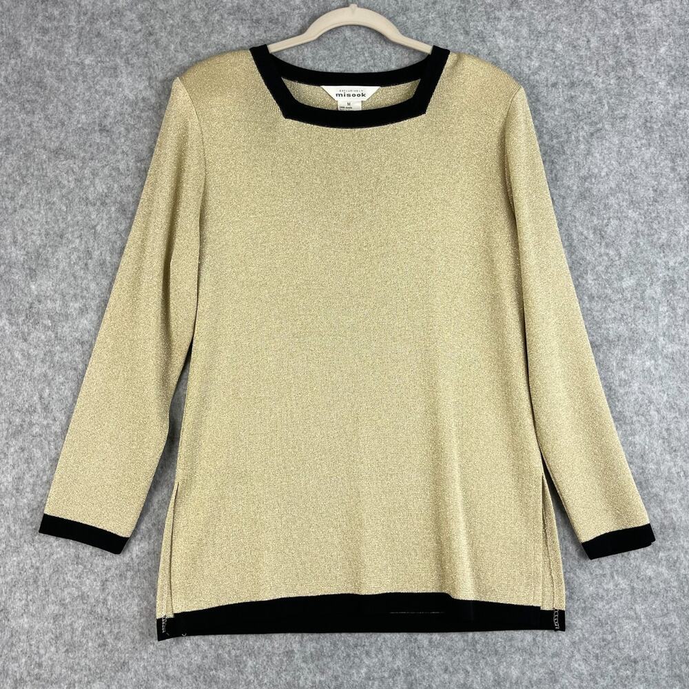 Exclusively Misook Top Womens Medium Gold Metallic Square Neck Knit Classic